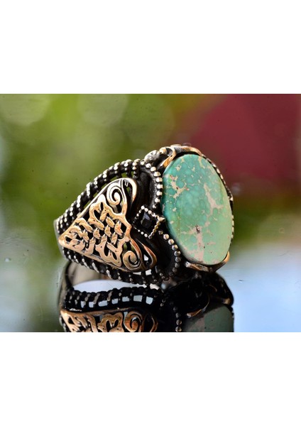 Erkek Yeşil Turkuaz Taş Yüzük, 925 Ayar Gümüş ile Vintage Orta Doğu Tasarımı fırsatları