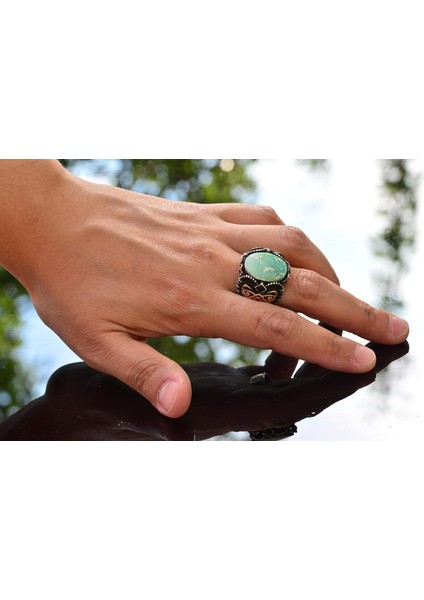 Erkek Yeşil Turkuaz Taş Yüzük, 925 Ayar Gümüş ile Vintage Orta Doğu Tasarımı indirimleri