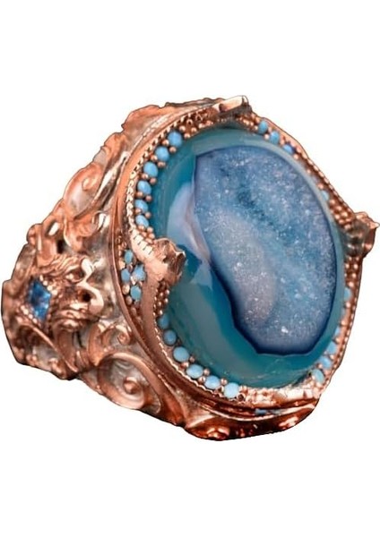 Doğal Drusy Kristal Kuvars Taş Yüzük, 925 Ayar Gümüş Yüzük Erkekler Için