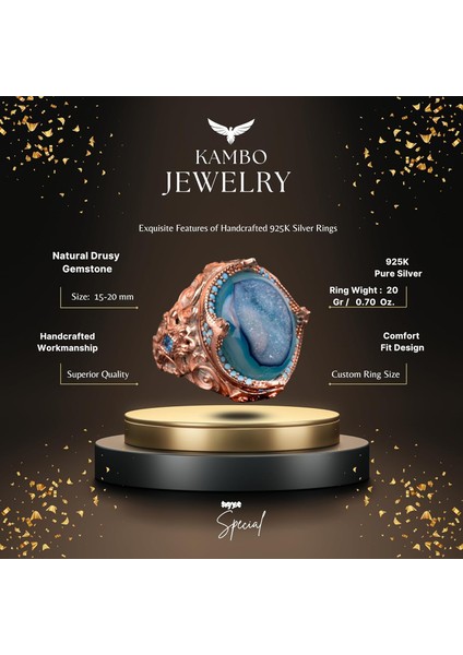 Doğal Drusy Kristal Kuvars Taş Yüzük, 925 Ayar Gümüş Yüzük Erkekler Için fiyatları