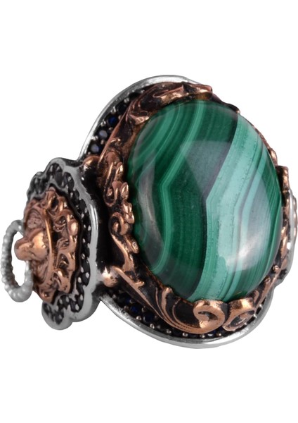 925 Ayar Katı Gümüş Erkek Yüzük, Doğal Malakit Taşı Yüzük, Aslan Başı Erkek Yüzük, Şifa Enerjisi Tasarımı