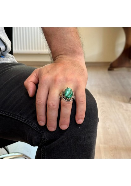 925 Ayar Katı Gümüş Erkek Yüzük, Doğal Malakit Taşı Yüzük, Aslan Başı Erkek Yüzük, Şifa Enerjisi Tasarımı modelleri