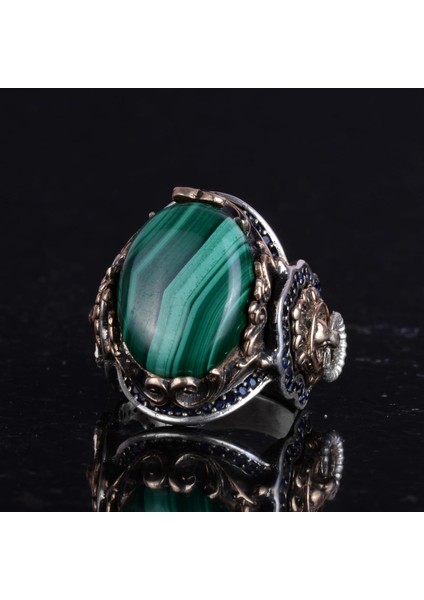 925 Ayar Katı Gümüş Erkek Yüzük, Doğal Malakit Taşı Yüzük, Aslan Başı Erkek Yüzük, Şifa Enerjisi Tasarımı indirimleri