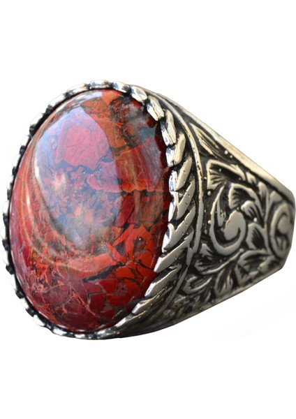 925 Ayar Gümüş Yüzük - Doğal Taş Yüzük - (Kan Taşı)