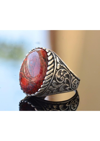 925 Ayar Gümüş Yüzük - Doğal Taş Yüzük - (Kan Taşı) fırsatları
