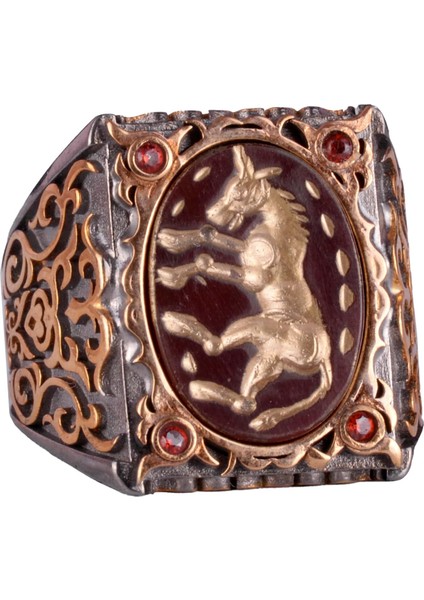 Doğal Agat Taşından At Yüzüğü - Oymalı ve Gravürlü Taş 925 Ayar Gümüş Erkek Yüzüğü