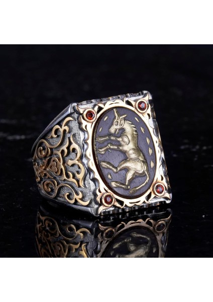Doğal Agat Taşından At Yüzüğü - Oymalı ve Gravürlü Taş 925 Ayar Gümüş Erkek Yüzüğü indirimleri