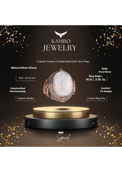 925 Ayar Gümüş Yüzük ile Doğal Ay Taşı, El Yapımı Erkek Yüzük, Vintage Tasarım fiyatları