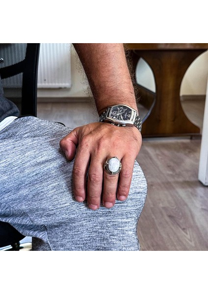 925 Ayar Gümüş Yüzük ile Doğal Ay Taşı, El Yapımı Erkek Yüzük, Vintage Tasarım modelleri