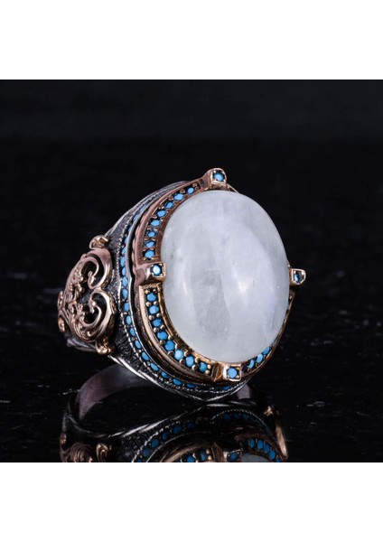 925 Ayar Gümüş Yüzük ile Doğal Ay Taşı, El Yapımı Erkek Yüzük, Vintage Tasarım indirimleri