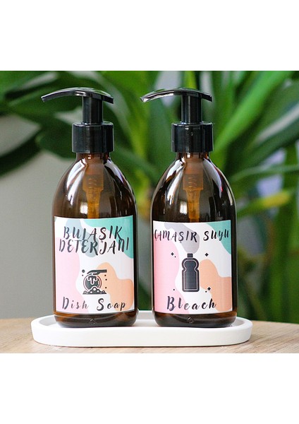 JUNİBELİW 3lü Set Amber Cam Kavanoz Bulaşık Deterjanlığı Çamaşır Suyu 2X250ML + Beyaz Altlık