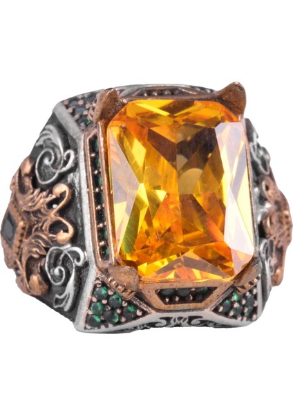 Sterling Gümüş Erkek Yüzük ile Yapay Sitrin Taşı – Vintage Tasarım – El Yapımı Ifadesel Yüzük