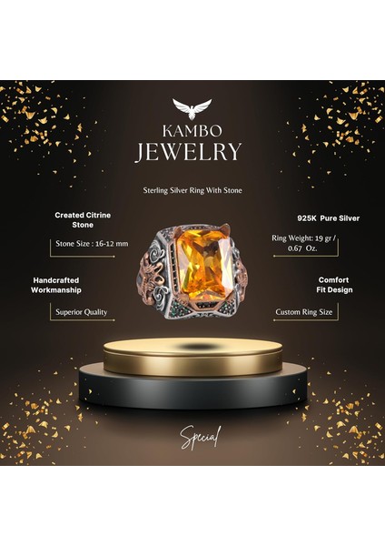 Sterling Gümüş Erkek Yüzük ile Yapay Sitrin Taşı – Vintage Tasarım – El Yapımı Ifadesel Yüzük fiyatları