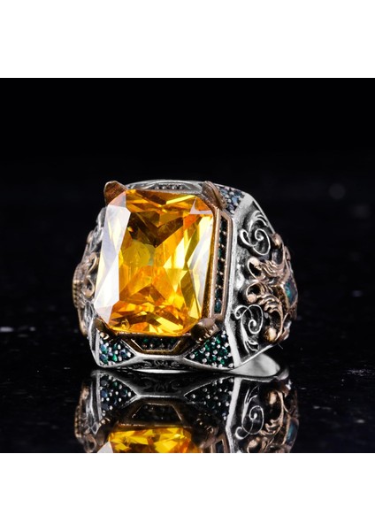 Sterling Gümüş Erkek Yüzük ile Yapay Sitrin Taşı – Vintage Tasarım – El Yapımı Ifadesel Yüzük fırsatları