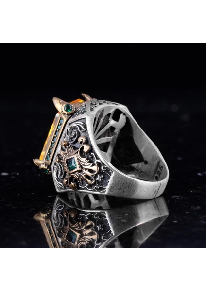 Sterling Gümüş Erkek Yüzük ile Yapay Sitrin Taşı – Vintage Tasarım – El Yapımı Ifadesel Yüzük indirimleri