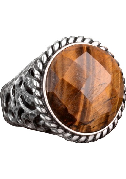 Doğal Kaplan Göz Taşı Yüzük, 925 Ayar Gümüş Yüzük