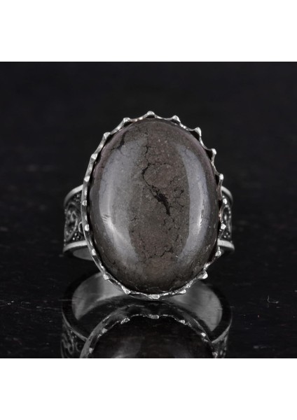 Doğal Taş Yüzük - 925 Ayar Gümüş Büyük Yüzük - El Yapımı Yüzük (Pirit) fırsatları
