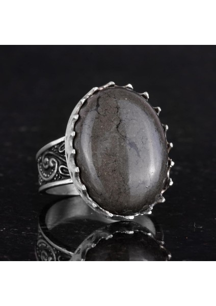 Doğal Taş Yüzük - 925 Ayar Gümüş Büyük Yüzük - El Yapımı Yüzük (Pirit) indirimleri