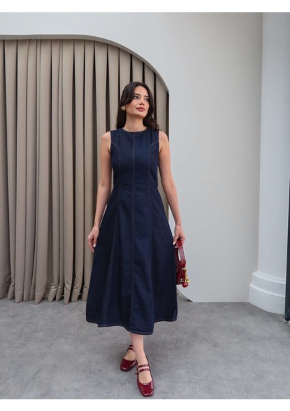 Kolsuz Denim Midi Elbise