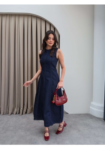 Kolsuz Denim Midi Elbise