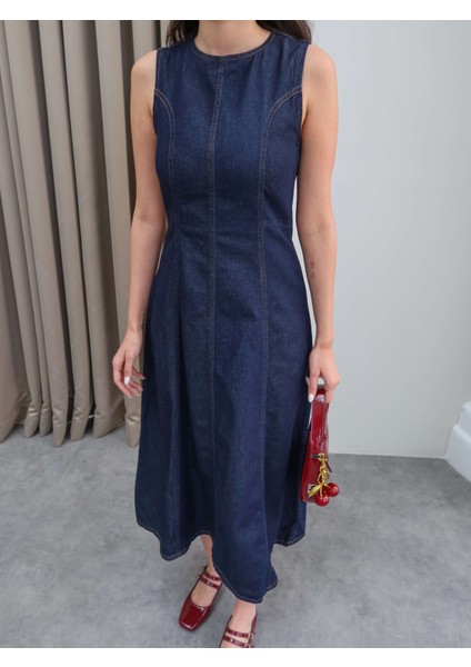 Kolsuz Denim Midi Elbise