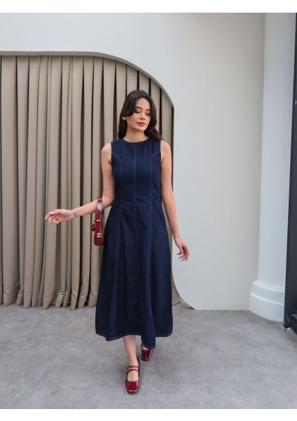 Kolsuz Denim Midi Elbise