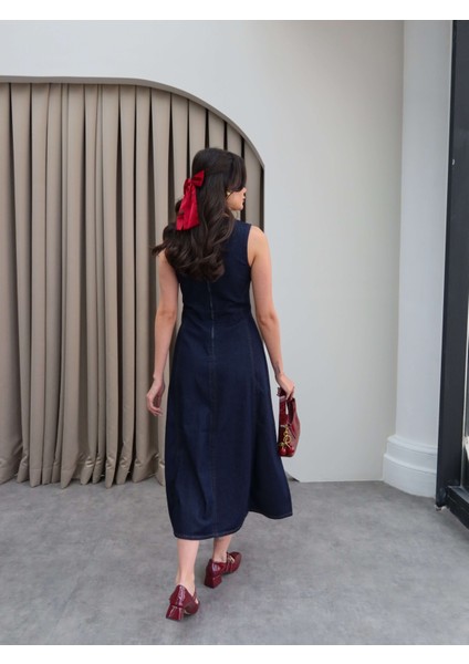 Kolsuz Denim Midi Elbise