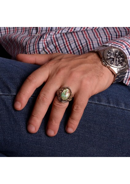 Doğal Arizona Turkuaz Taş Yüzük, 925 Ayar Gümüş Yüzük Erkekler Için modelleri