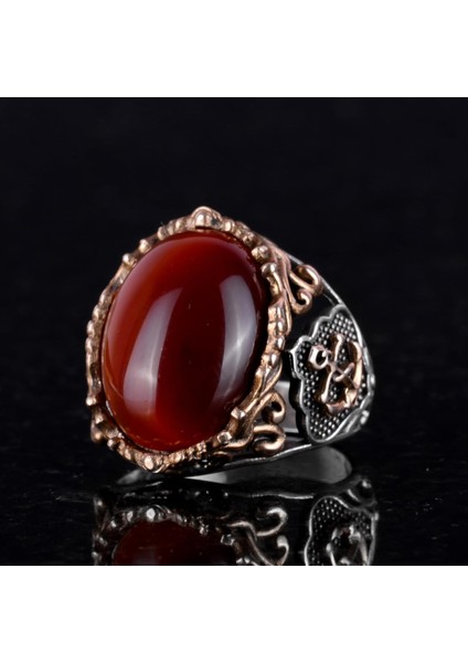 Denizci Çapa Gümüş Yüzük, Doğal Taş Yüzük, 925 Ayar Sterlin Gümüş Yüzük (Kırmızı Akik) indirimleri