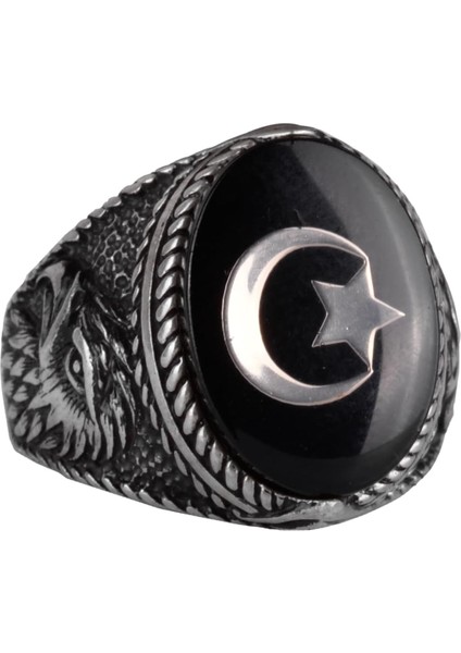 Erkekler Için Ay Yıldız Kartal Yüzüğü - 925 Ayar Gümüş Yüzük - Hilal ve Yıldız Tasarımı - Türk Ay Yıldız Bayrağı Kartal Tasarımı Yüzük (Siyah)