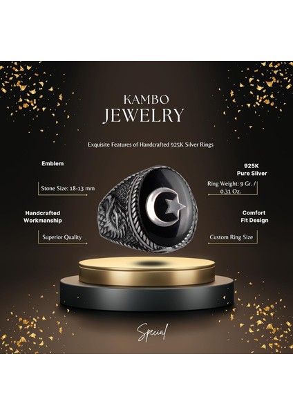 Erkekler Için Ay Yıldız Kartal Yüzüğü - 925 Ayar Gümüş Yüzük - Hilal ve Yıldız Tasarımı - Türk Ay Yıldız Bayrağı Kartal Tasarımı Yüzük (Siyah) fiyatları