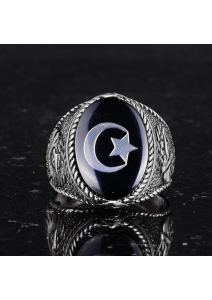 Erkekler Için Ay Yıldız Kartal Yüzüğü - 925 Ayar Gümüş Yüzük - Hilal ve Yıldız Tasarımı - Türk Ay Yıldız Bayrağı Kartal Tasarımı Yüzük (Siyah) modelleri