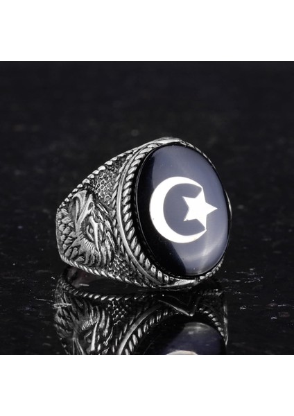 Erkekler Için Ay Yıldız Kartal Yüzüğü - 925 Ayar Gümüş Yüzük - Hilal ve Yıldız Tasarımı - Türk Ay Yıldız Bayrağı Kartal Tasarımı Yüzük (Siyah) fırsatları