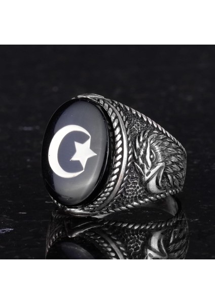 Erkekler Için Ay Yıldız Kartal Yüzüğü - 925 Ayar Gümüş Yüzük - Hilal ve Yıldız Tasarımı - Türk Ay Yıldız Bayrağı Kartal Tasarımı Yüzük (Siyah) indirimleri
