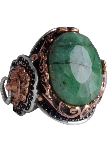 Doğal Zümrüt Taşlı Yüzük, Aslan Sinyal Yüzüğü - 925 Ayar Katkısız Gümüş Yüzük