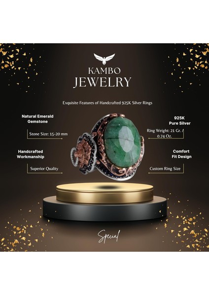 Doğal Zümrüt Taşlı Yüzük, Aslan Sinyal Yüzüğü - 925 Ayar Katkısız Gümüş Yüzük fiyatları