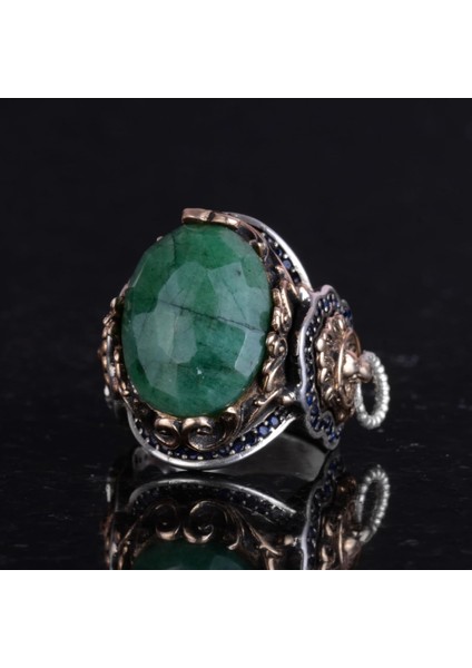 Doğal Zümrüt Taşlı Yüzük, Aslan Sinyal Yüzüğü - 925 Ayar Katkısız Gümüş Yüzük fırsatları
