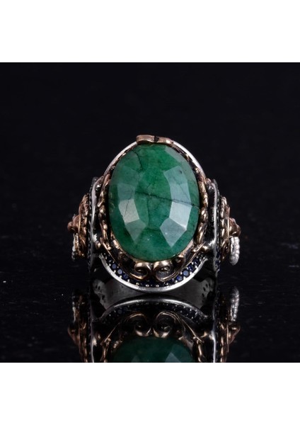 Doğal Zümrüt Taşlı Yüzük, Aslan Sinyal Yüzüğü - 925 Ayar Katkısız Gümüş Yüzük indirimleri