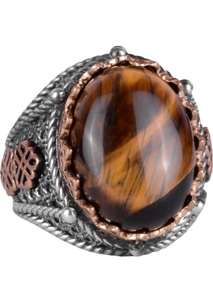 El Yapımı Kaplan Gözlü Doğal Taş Yüzük, 925K Katı Gümüş Erkek Yüzüğü, Cesur Tasarım