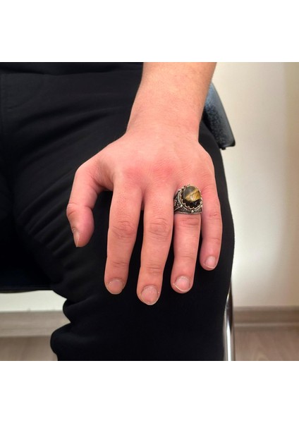 El Yapımı Kaplan Gözlü Doğal Taş Yüzük, 925K Katı Gümüş Erkek Yüzüğü, Cesur Tasarım modelleri