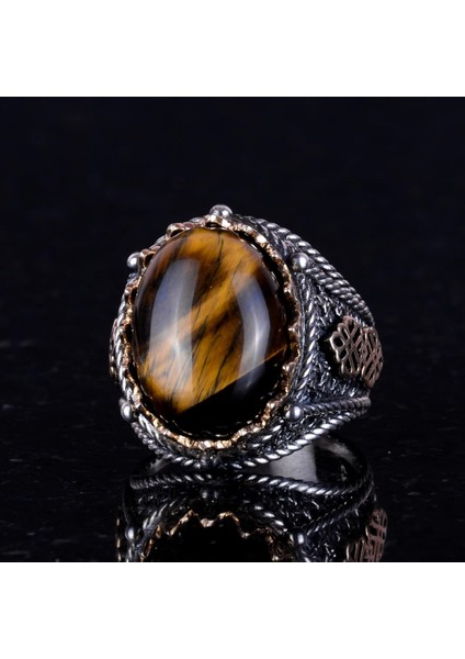 El Yapımı Kaplan Gözlü Doğal Taş Yüzük, 925K Katı Gümüş Erkek Yüzüğü, Cesur Tasarım fırsatları
