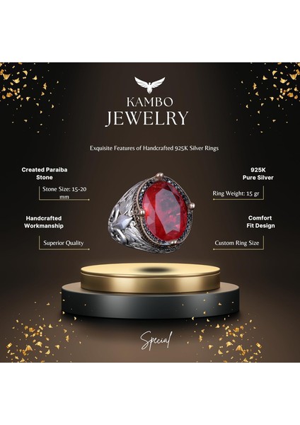 925 Ayar Gümüş Yüzükler Premium Üretilmiş Taşlarla (Kırmızı Paraiba Üretilmiş Taş) indirimleri