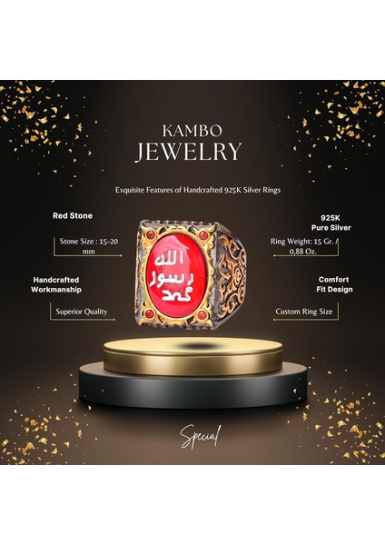 Erkekler Için Gümüş Sultan Yüzük - Islami Tasarım (Kırmızı) fiyatları