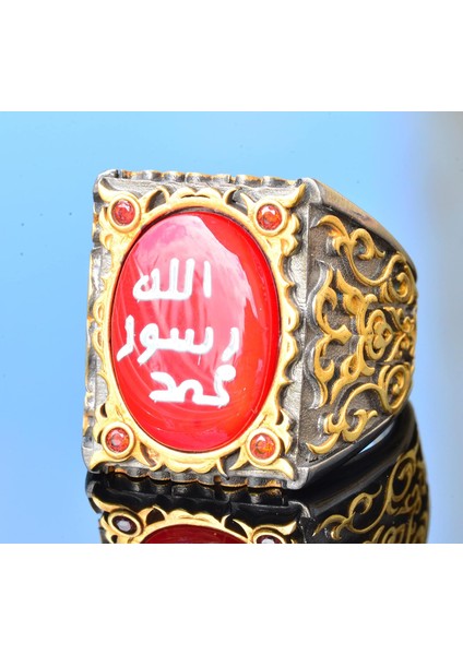 Erkekler Için Gümüş Sultan Yüzük - Islami Tasarım (Kırmızı) modelleri