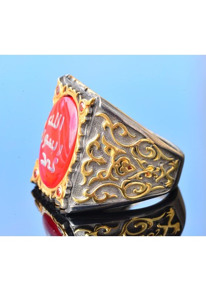 Erkekler Için Gümüş Sultan Yüzük - Islami Tasarım (Kırmızı) fırsatları