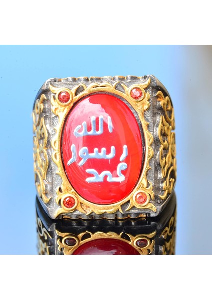 Erkekler Için Gümüş Sultan Yüzük - Islami Tasarım (Kırmızı) indirimleri