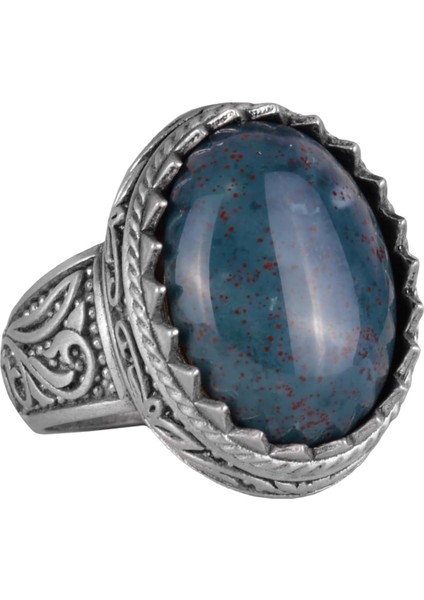 Doğal Taş Yüzük - 925 Ayar Gümüş Yüzük, Erkekler Için (Yeşil Kan Taşı)