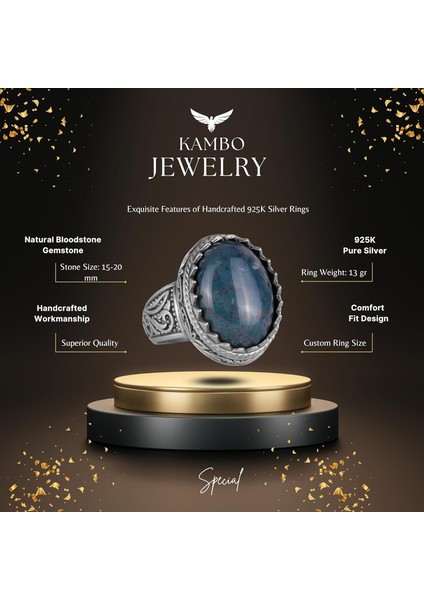 Doğal Taş Yüzük - 925 Ayar Gümüş Yüzük, Erkekler Için (Yeşil Kan Taşı) fiyatları