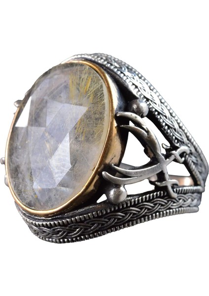Doğal Taş Erkek Yüzüğü, Kılıç Yüzüğü, 925 Ayar Gümüş Erkek Yüzüğü (Rutilatlı Kuvars)