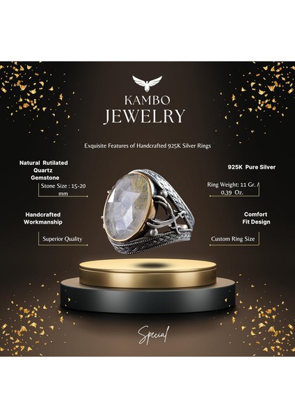 Doğal Taş Erkek Yüzüğü, Kılıç Yüzüğü, 925 Ayar Gümüş Erkek Yüzüğü (Rutilatlı Kuvars) fiyatları